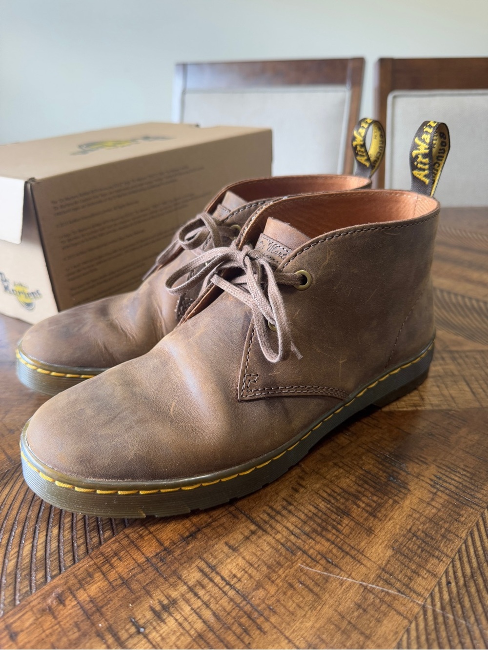 Dr. Martens Brown Leather Chukka Boots with Yellow Stitching